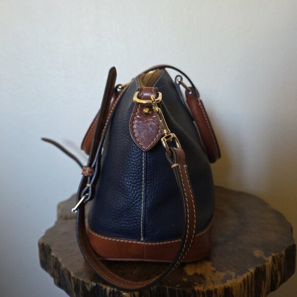 Dooney & Bourke Pebble Grain Darcy Domed Satchel Crossbody Navy Tan Leather - Picture 12 of 16